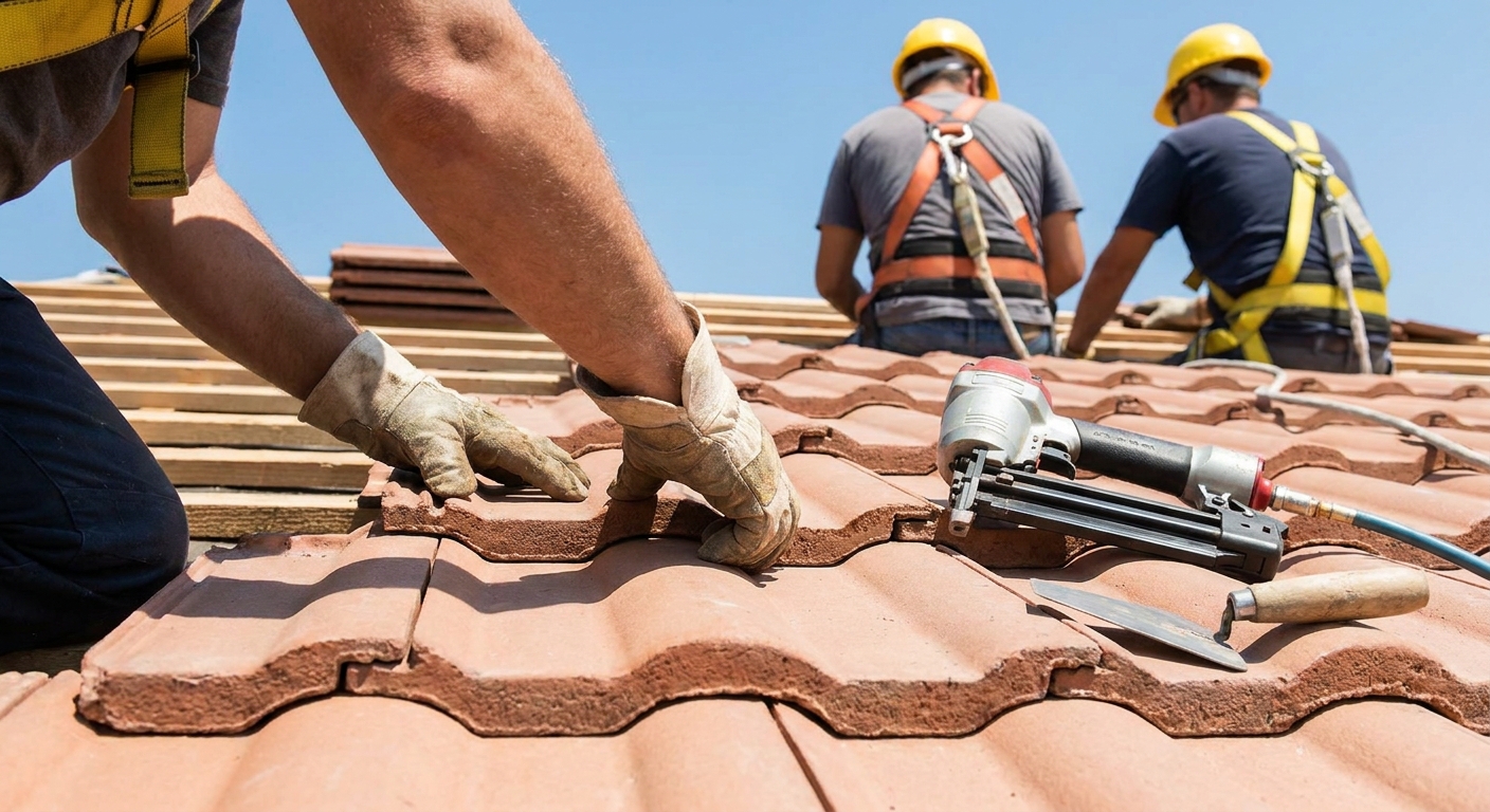 Professional roofers installing a tile roof in daylight